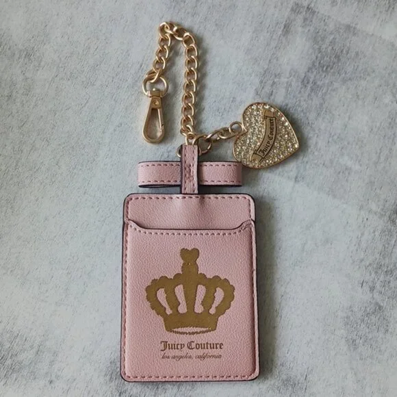 Juicy Couture Pink and Gold Keychain & Card Case Bag Heart Rhinestones Charm